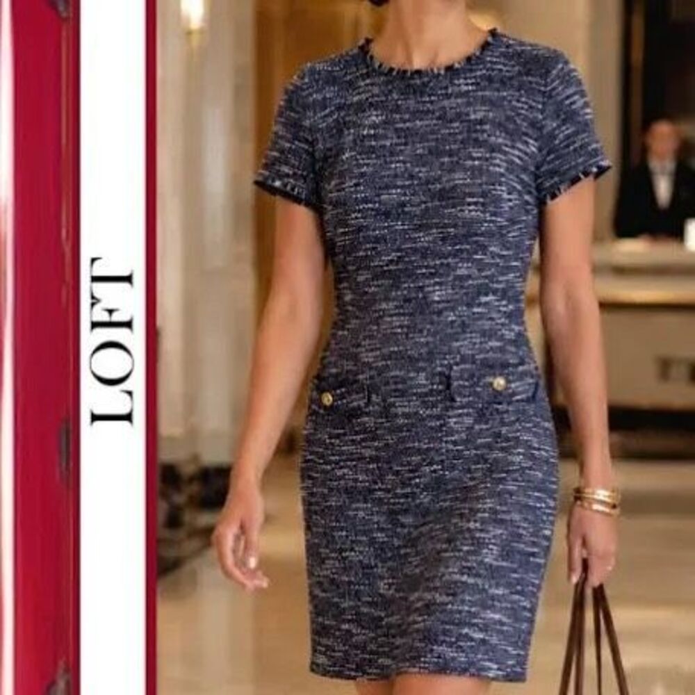 Loft Short Sleeve Boucle Dress Blue Black Old Money Office Academia Plus Size 18